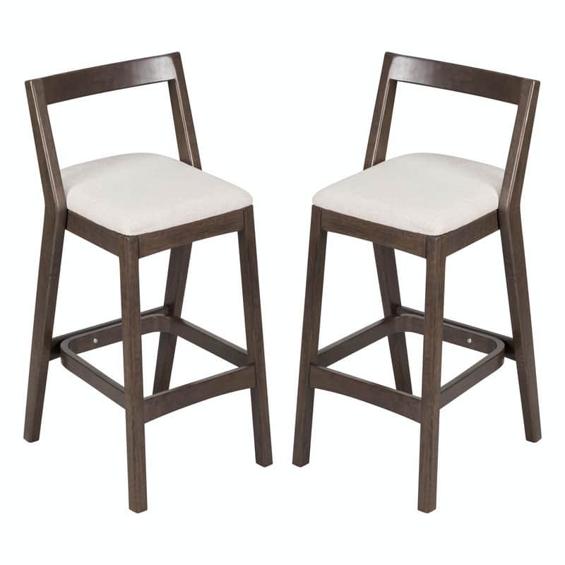 Jasper Indoor Rubberwood Bar Stools with Beige Upholstery and Dark Brown Finish, Set of 2
