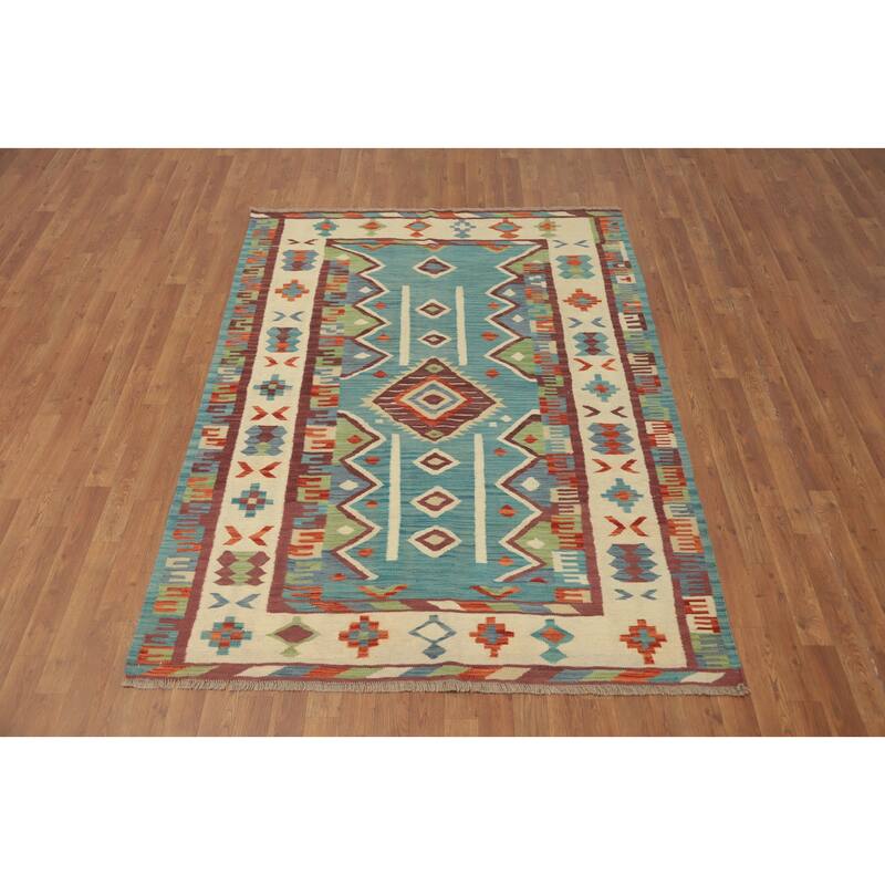 Hand Woven Oriental 100% Wool Carpet Southwestern Tribal Navy Blue & Blues Kilim Area Rug - 7' 0'' X 5' 1''