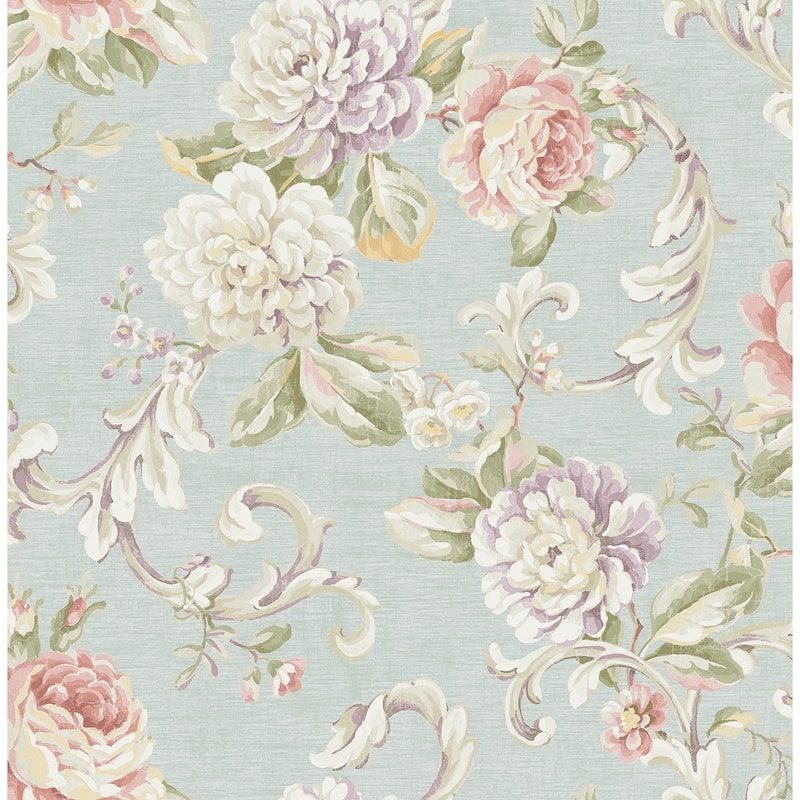 Seabrook Designs Kaydence Floral Scroll Unpasted Wallpaper - 20.5 in. W x 33 ft. L - Metallic Blue Smoke & Lavender
