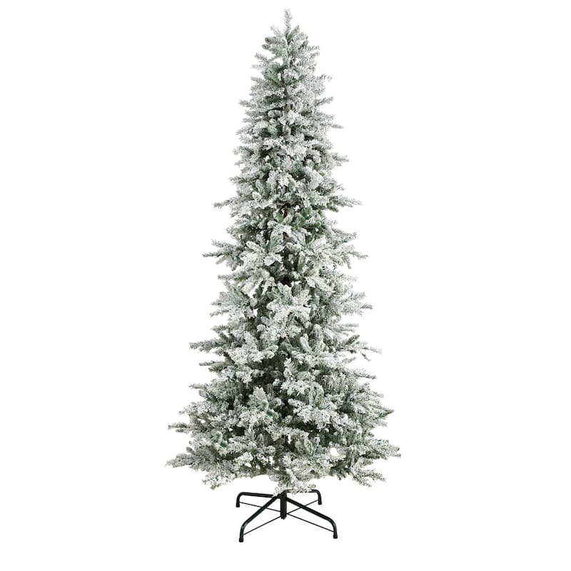 9.5' Pre-Lit Slim Flocked Spruce Artificial Christmas Tree, Warm White LED Lights - 9.5 Foot