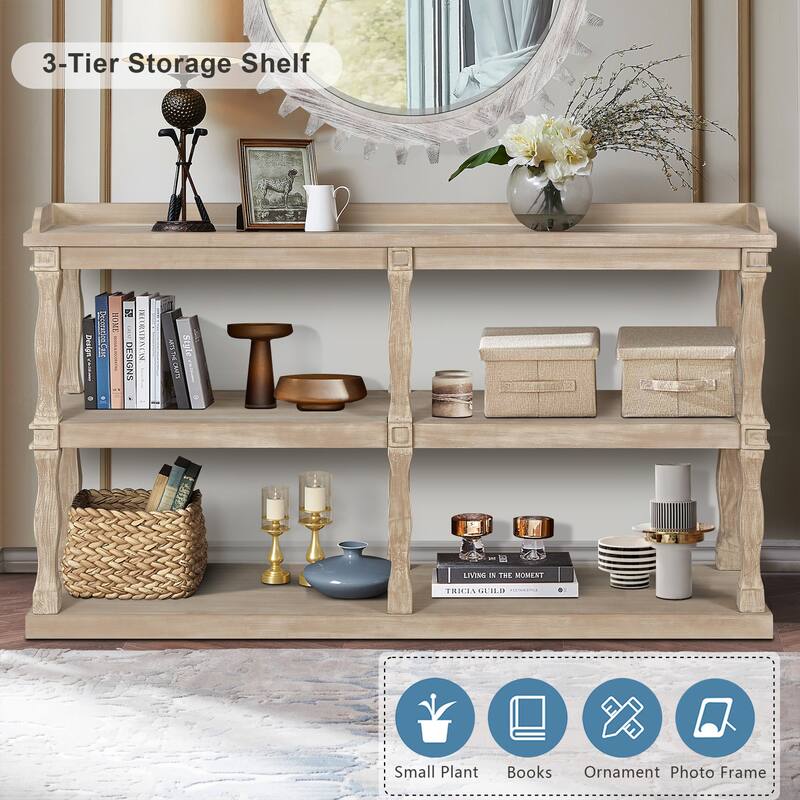 60" Console Table with 3-Tier Open Storage Shelves and Roman Column Support, Elegant Narrow Table for Entryway