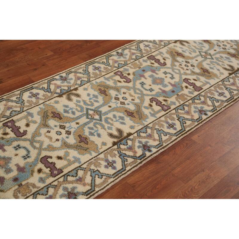 All-Over Floral Oushak Indian Runner Rug Hand-Knotted Wool Carpet - 2'6"x 7'9"