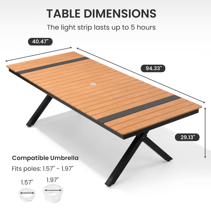 Outdoor Patio Dining Table with LED Light Strip Aluminum Rectangular X-Shaped with Umbrella Hole