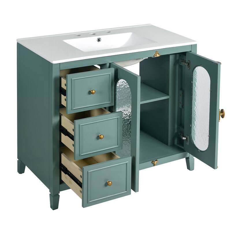 36-Inch Lake Green Bathroom Vanity with Ceramic Sink, Glass Doors & Storage Drawers - 36 in ,Lake Green ,Ceramic,Solid Wood+MDF