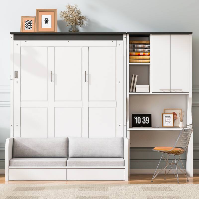 Space-Saving Multi-Functional Murphy Bed with Sofa, Desk, and Storage Cabinet - Foldable Full Size Design - White