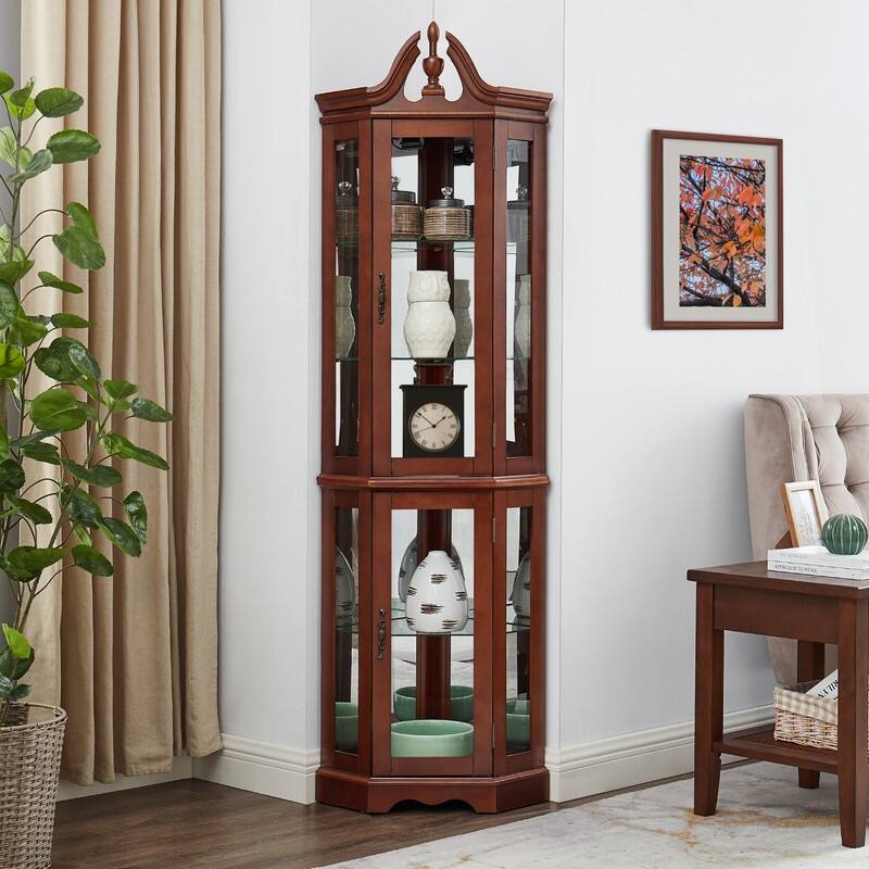 Display Cabinet Corner Curio Cabinet with Lights, Adjustable Shelves, Mirrored Back,E26 not included