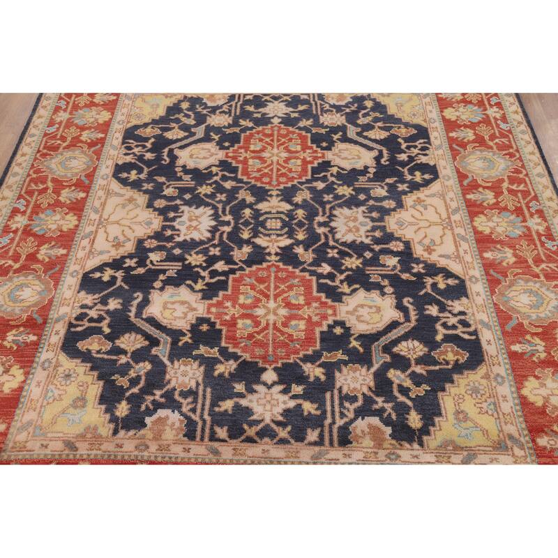Navy Blue Orange Oushak Indian Area Rug Hand-Knotted Wool Carpet - 8'1" x 9'11"