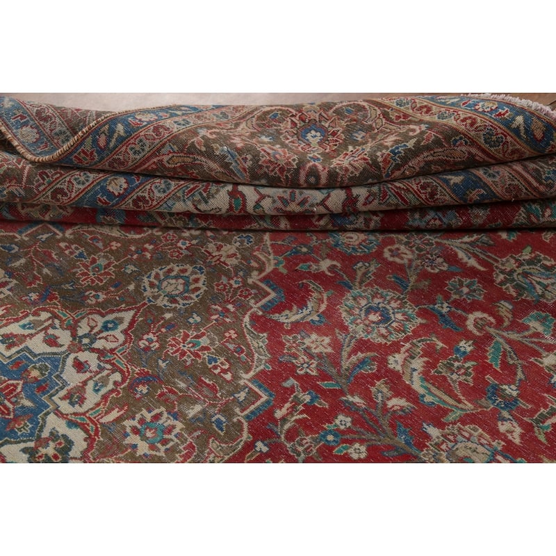 Traditional Floral Mashad Persian Vintage Rug Handmade Wool Carpet - 9'0"x 12'8"