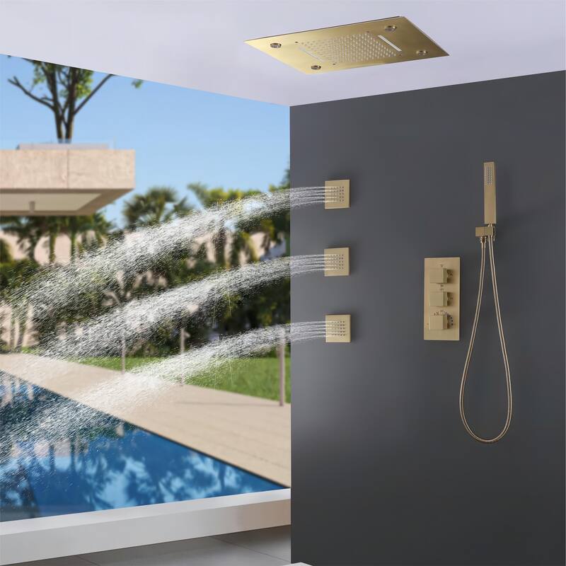 LED 4-Way Complete Rain and Waterfall Shower System with 3 body Jets & High-pressure Handheld, Ceiling Mounted - Brushed Gold