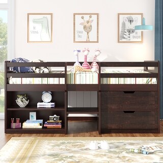 Twin Size Loft Bed with Two Shelves, Pine Wooden Bed with Two Drawers, Kid's Bed with Guardrails, Antique Espresso