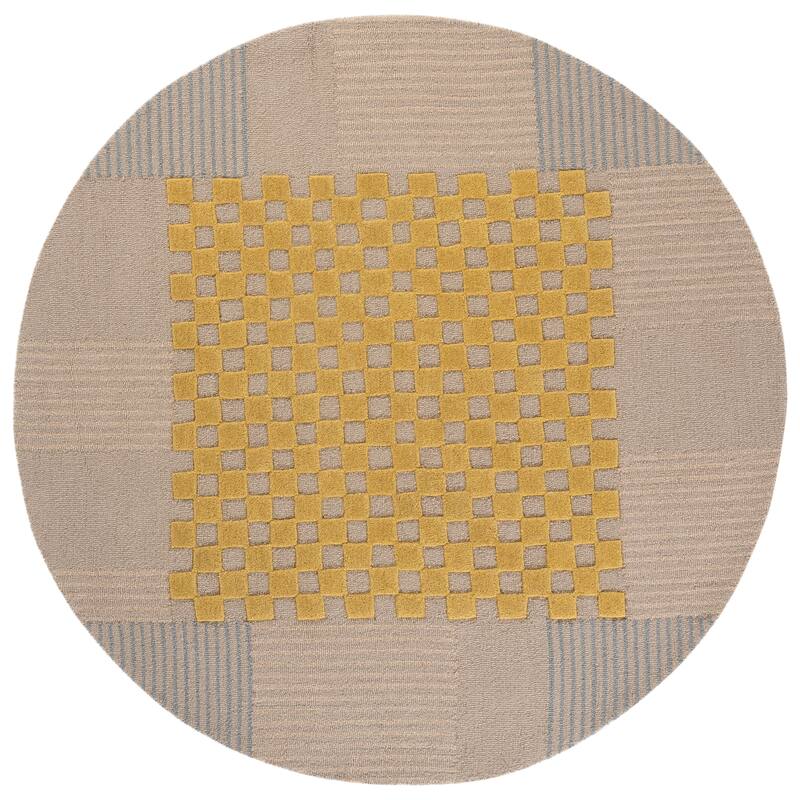 SAFAVIEH Handmade Genre Kiek Checkered Wool Rug - 6' Round - Gold/Beige