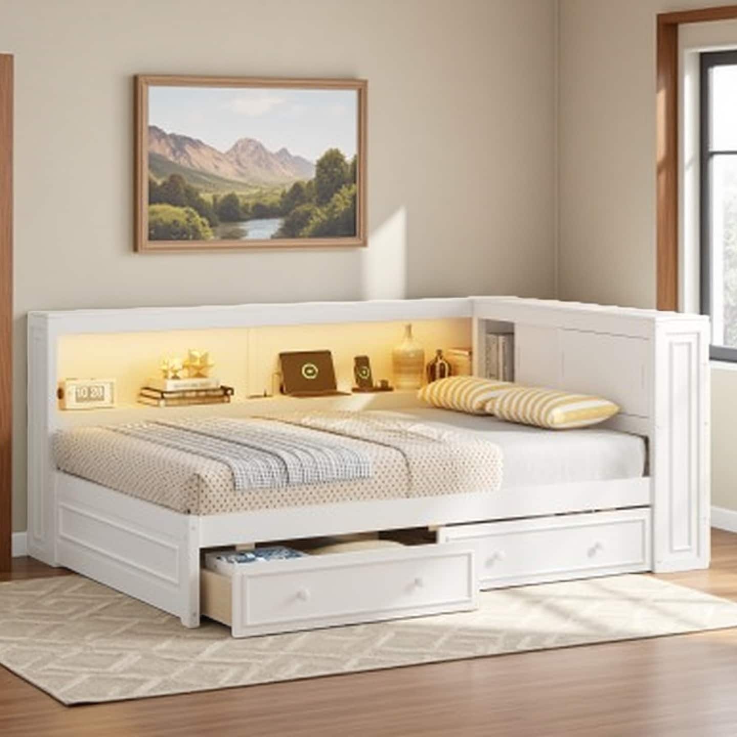 Full Size Wood Daybed with 2 Drawers, Storage Shelves, LED Lighting & USB Charging, Solid Pine and MDF Frame