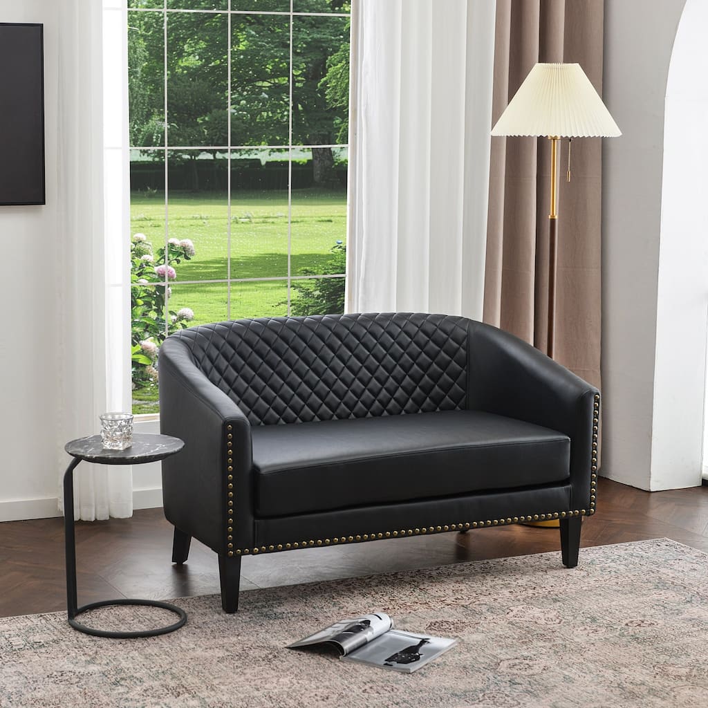KINWELL 50"W Tufted Faux Leather Upholstered Small Loveseat Sofa