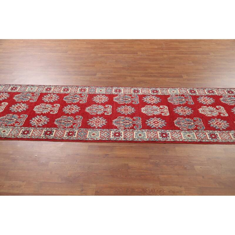 Red Geometric Kazak Oriental Runner Rug Handmade Wool Carpet - 2'8" x 9'4"