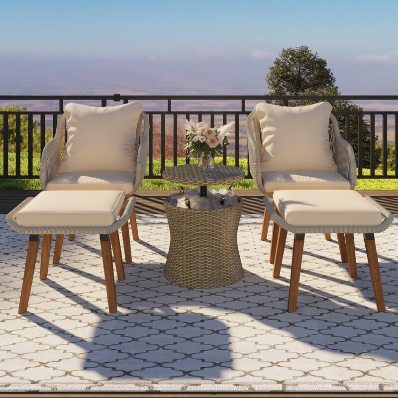 5 Pieces Ottomans Furniture Chair Sets, Patio Conversation Set for Porch, Backyard, Balcony, Poolside