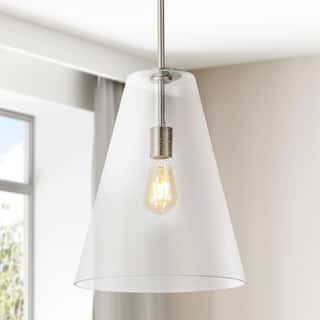 JONATHAN Y Hayes 11.5" 1-Light Mid-Century Modern Iron/Seeded Glass LED Pendant, Nickel/Clear