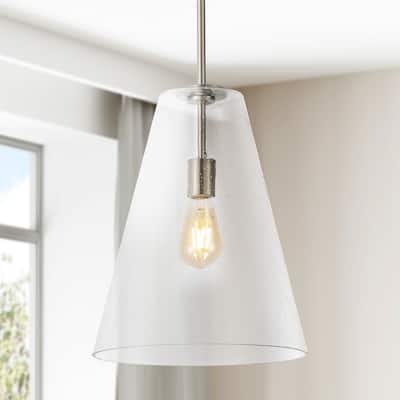 Hayes 11.5" 1-Light Mid-Century Modern Iron/Seeded Glass LED Pendant, Nickel/Clear by JONATHAN Y