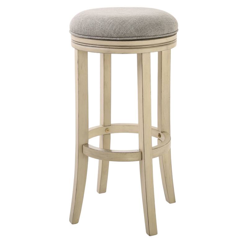 Ivory Wood Swivel Round Bar Stool with Grey Upholstered Seat and Footrest