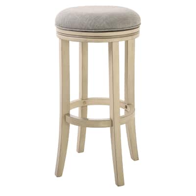Ivory Wood Swivel Round Bar Stool with Grey Upholstered Seat and Footrest