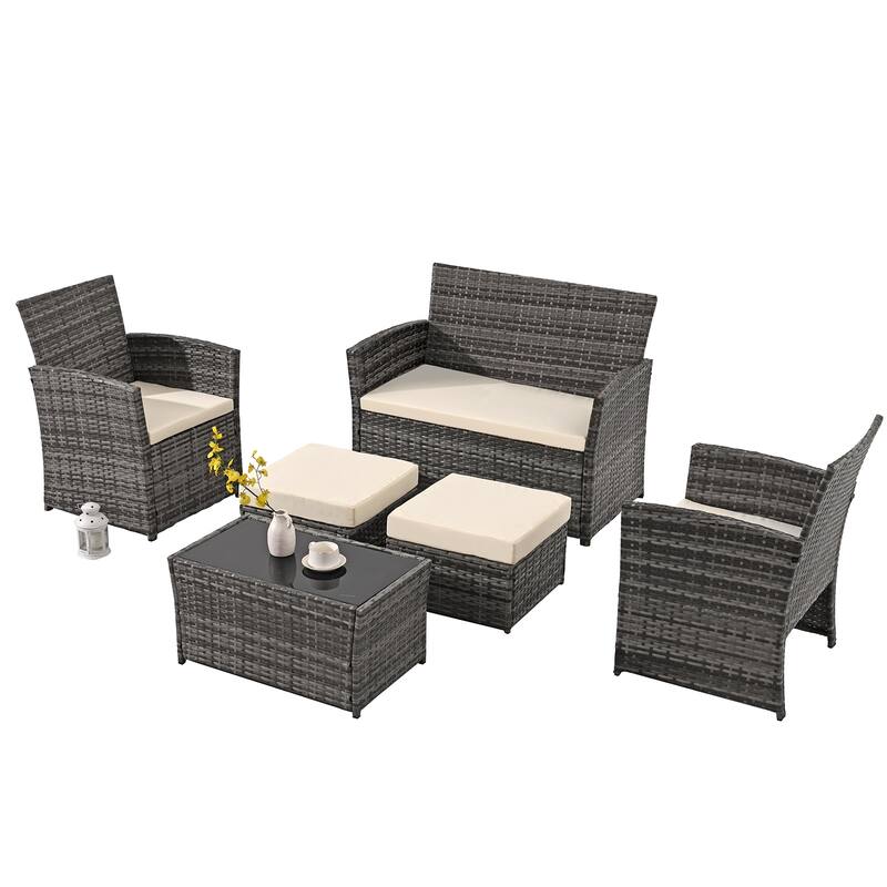 6-Piece Wicker Outdoor Sofa Set, 1 Loveseats, 2 Chairs, 2 Ottomans and 1 Table