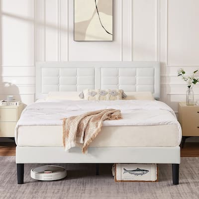VECELO Bed Frame with Adjustable Headboard, Upholstered Button Tufted Platform Bedframe with Wood Slats Support