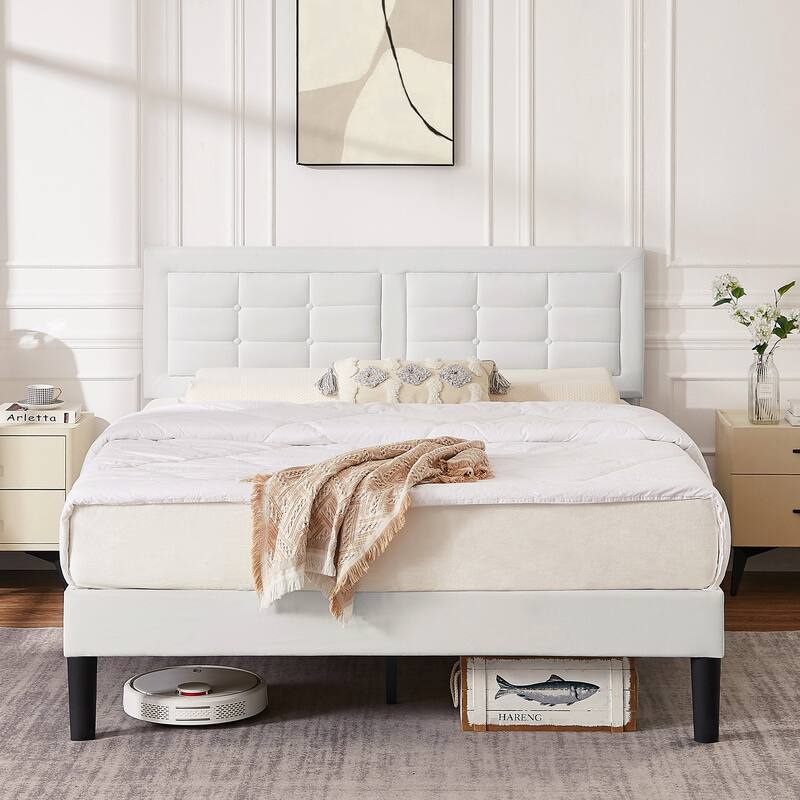 VECELO Bed Frame with Adjustable Headboard Upholstered Button Tufted Platform Bedframe with Wood Slats Support - White - Full