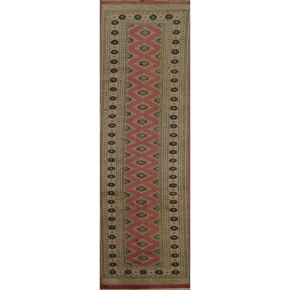 Hand Knotted Oriental 100% Wool Carpet Traditional Geometric Pink Bokhara Runner Rug - 9' 9'' X 2' 8''