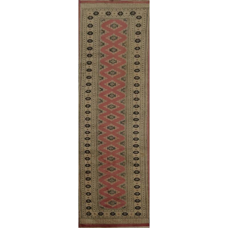 Hand Knotted Oriental 100% Wool Carpet Traditional Geometric Pink Bokhara Runner Rug - 9' 9'' X 2' 8''