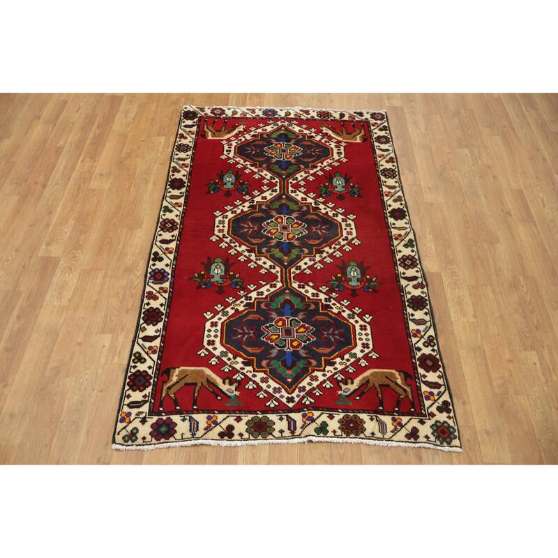 Hand Knotted Oriental 100% Wool Carpet Traditional Geometric Red Shiraz Area Rug - 5' 0'' X 3' 1''