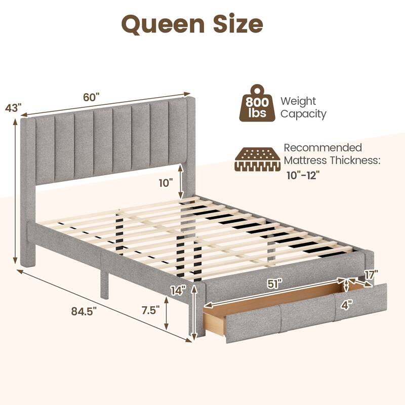 Gymax Queen Size Bed Frame w/Storage Drawer & Vertical Channel
