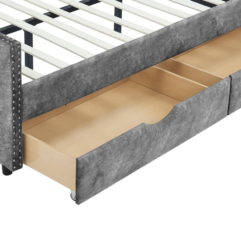 Roomfitters Twin/Full/Queen Upholstered Daybed with Tufted Backrest, Nailhead Trim and Underbed Storage Trundle, Grey