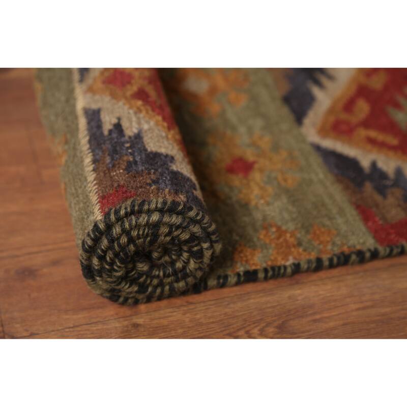 Green & Blue Geometric Kilim Oriental Area Rug Hand-Woven Wool Carpet - 7'8"x 9'10"
