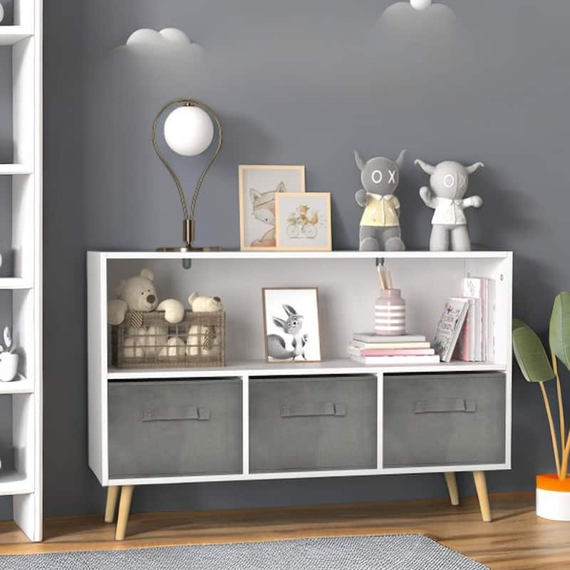 Toy Storage Cabinet Bookcase with Collapsible Fabric Drawers for kids Bedroom - Grey