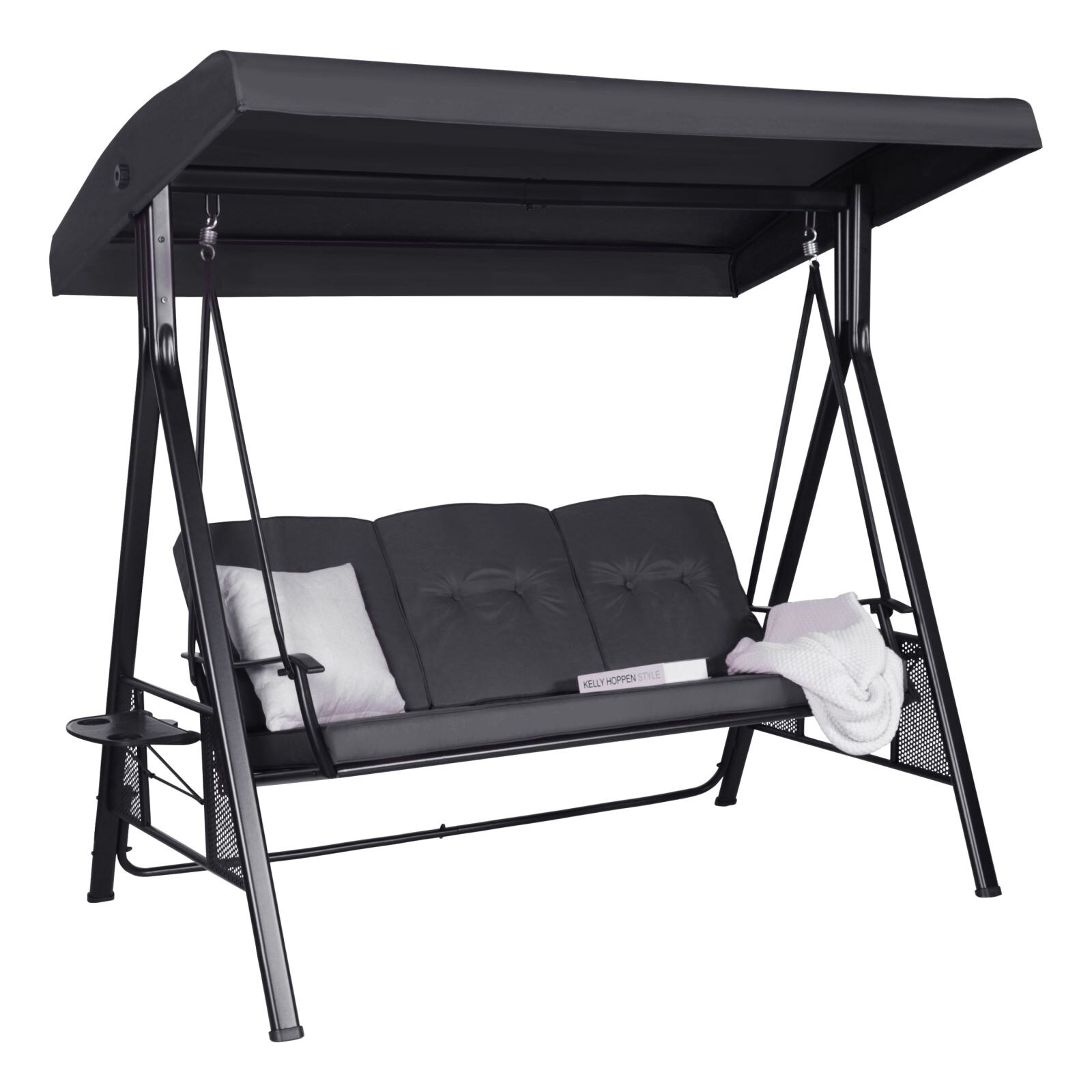 Patio swing with attached sales side tables