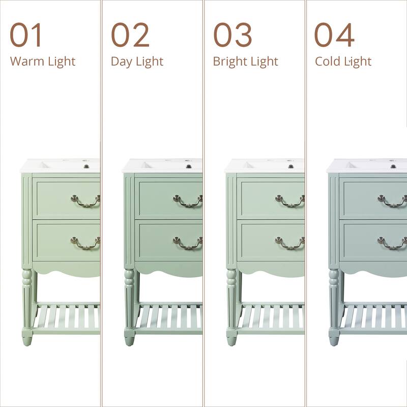 24" Bathroom Vanity with Ceramic Sink, Vintage Wave Design Cabinet with 2 Drawers and Open Shelf