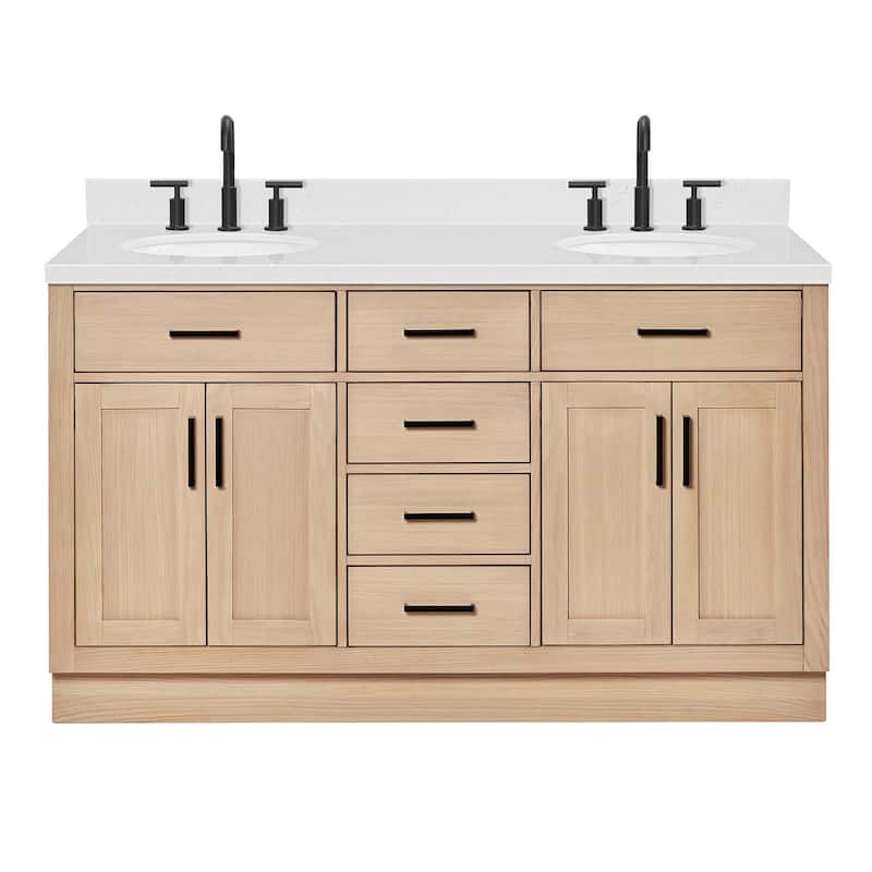 Ariel T060DCQOVO Hepburn 60" Free Standing Double Basin Vanity Set - Oak / Carrara White Quartz Top / Matte Black