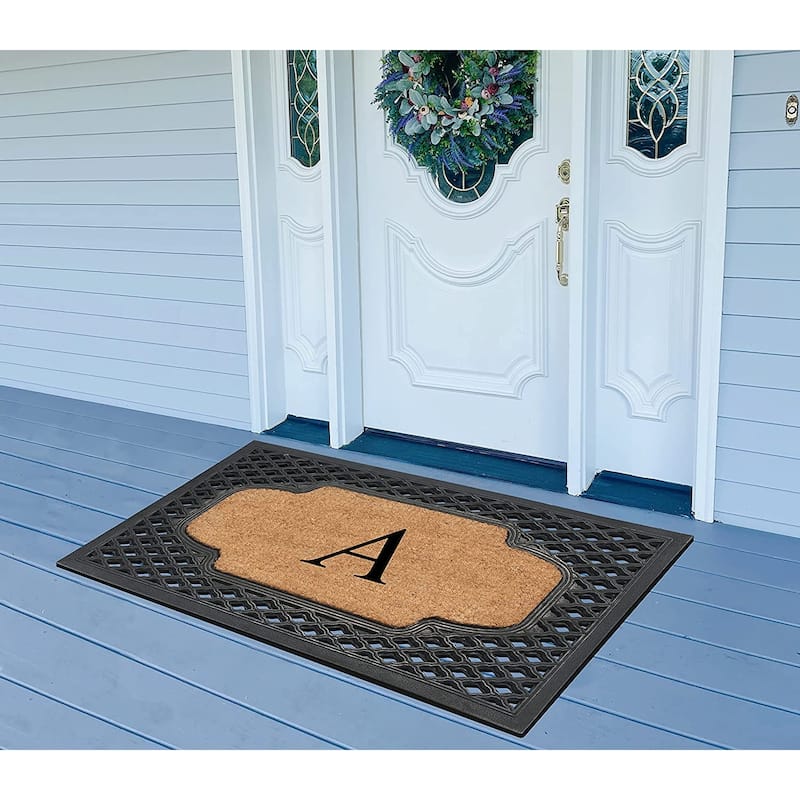 A1HC Mesh Border Rubber and Coir Large Heavy-Duty Outdoor Monogrammed Doormat, 23"X38" Black