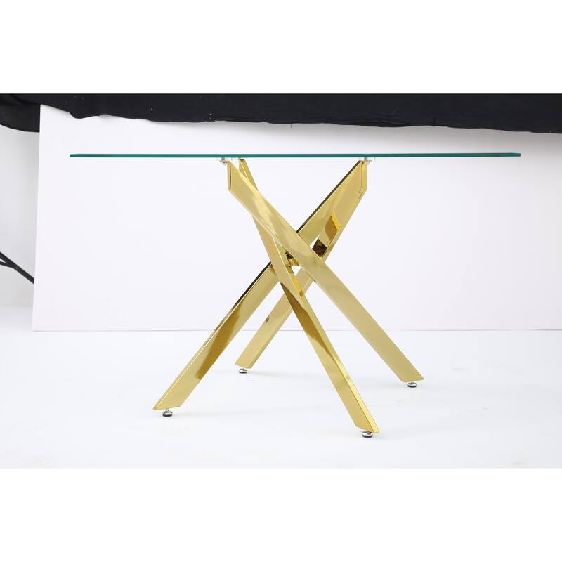The modern rectangular tempered glass tabletop is paired with a golden iron frame, measuring 47.24 inches in length