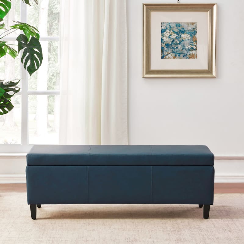 50.3" x 17.50" x 18" Upholstered Rectangular Storage Ottoman-Faux Leather - Blue