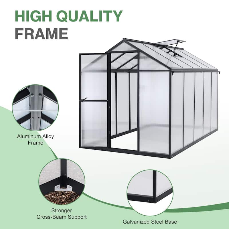 Aoodor 6' x 10' Polycarbonate Walk-in Greenhouse with Aluminum Frame and Roof Vent