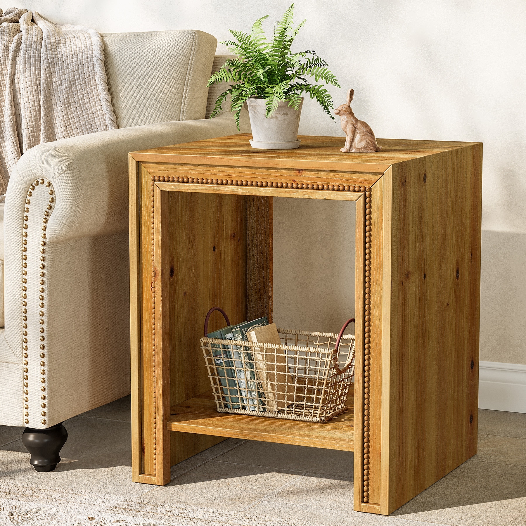 Solid Wood End Table, 2-Tier Farmhouse Rustic Side Table