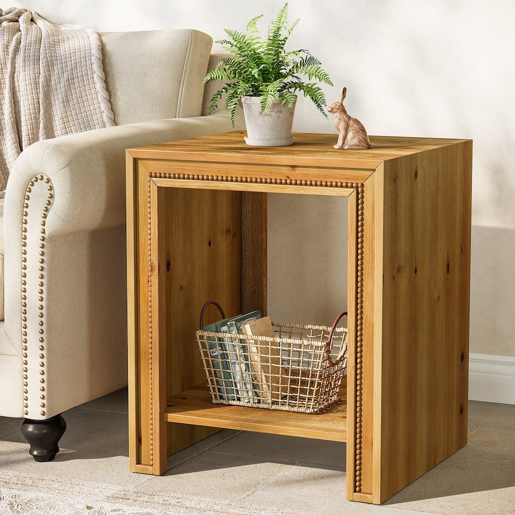 Solid Wood End Table, 2-Tier Farmhouse Rustic Side Table
