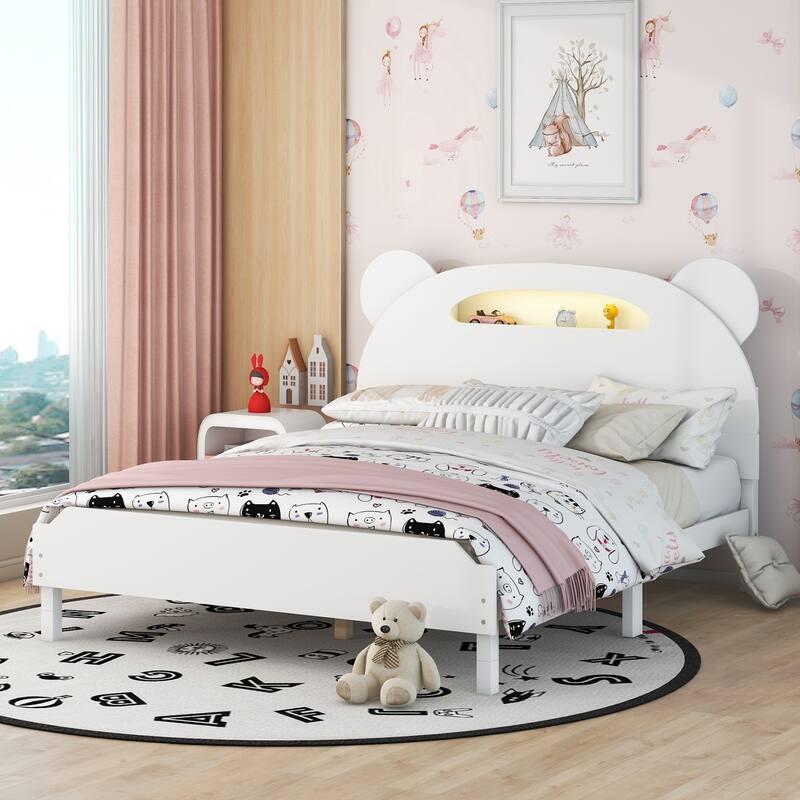 Full Size Wood Platform Bed with Bear-shaped Headboard,Bed with Motion Activated Night Lights