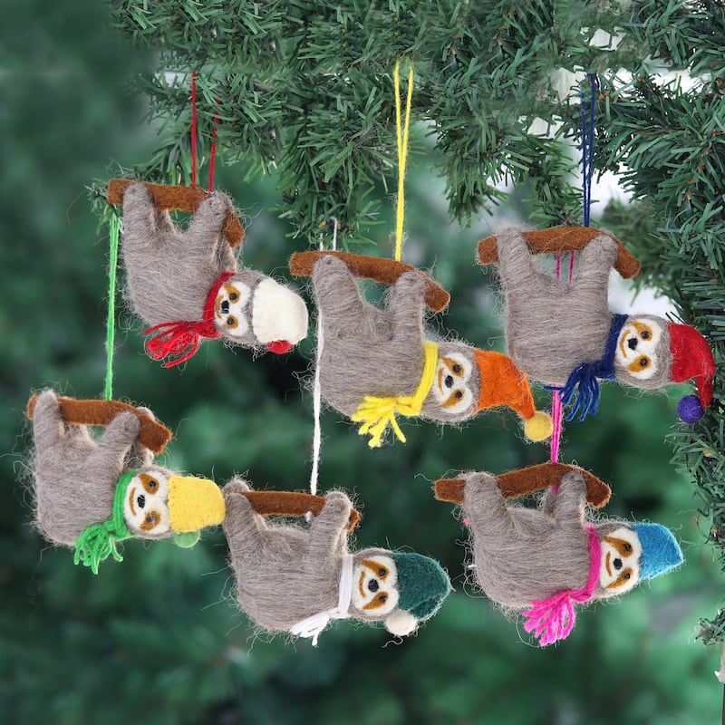 Novica Handmade Sweet Sloths Wool Holiday Ornaments (Set Of 6)