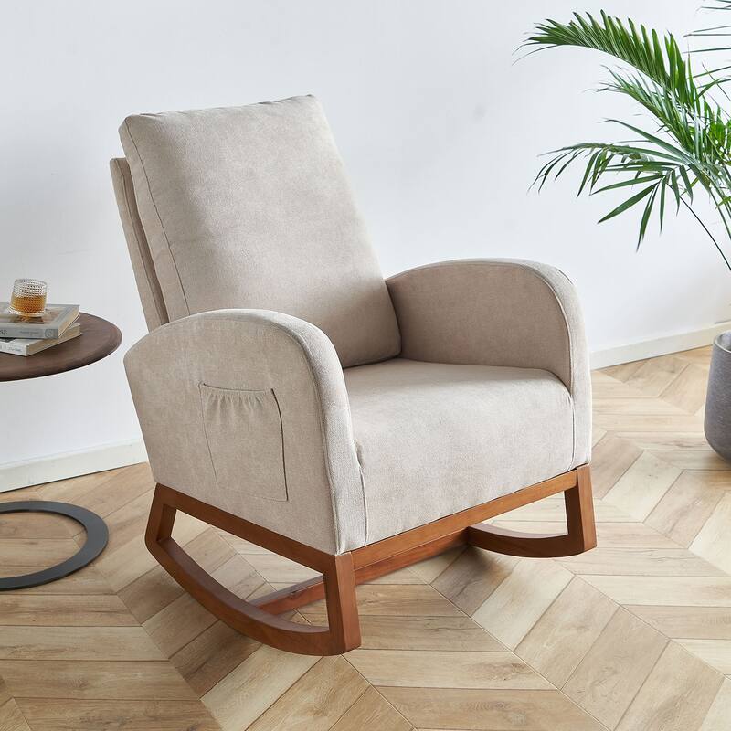 Glider Rocking Chair with Thick Padded Seat, Lounge Armchair with Side Pocket, High Back Sofa Chair with Wood Base