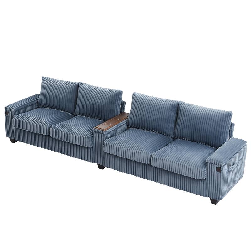 133" Corduroy 4-Seater Sofa with USB Ports, Flip-Top Cup Holders, and Hidden Storage