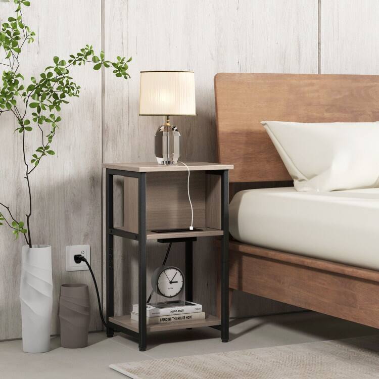 3-Tier End Table with USB Ports and Power Outlets - Grey