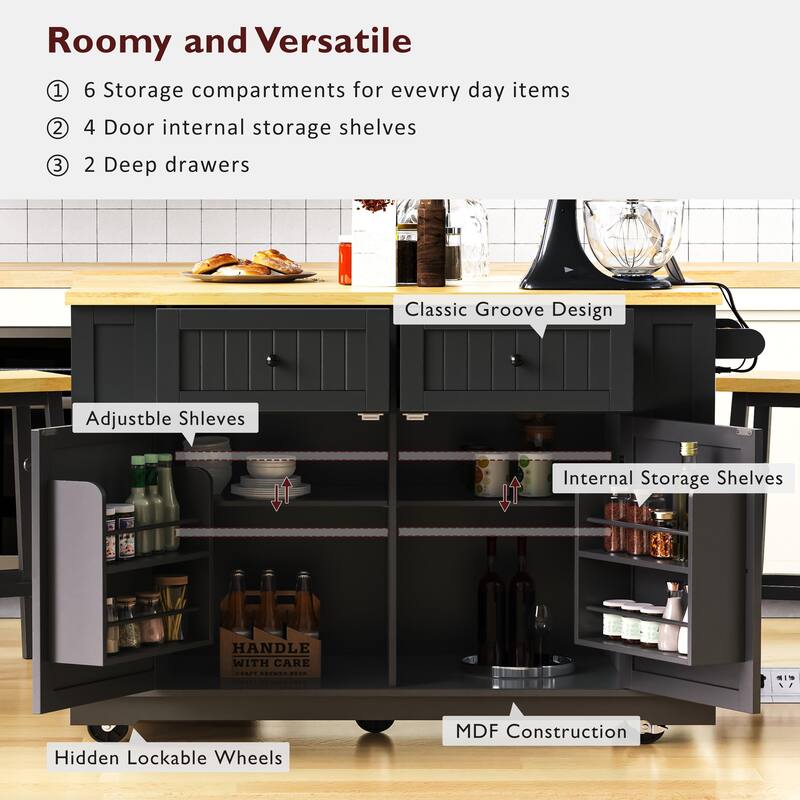 Rolling Kitchen Storage Cart on 5 Wheels with Drop Leaf,Power Outlet,Open Side Racks