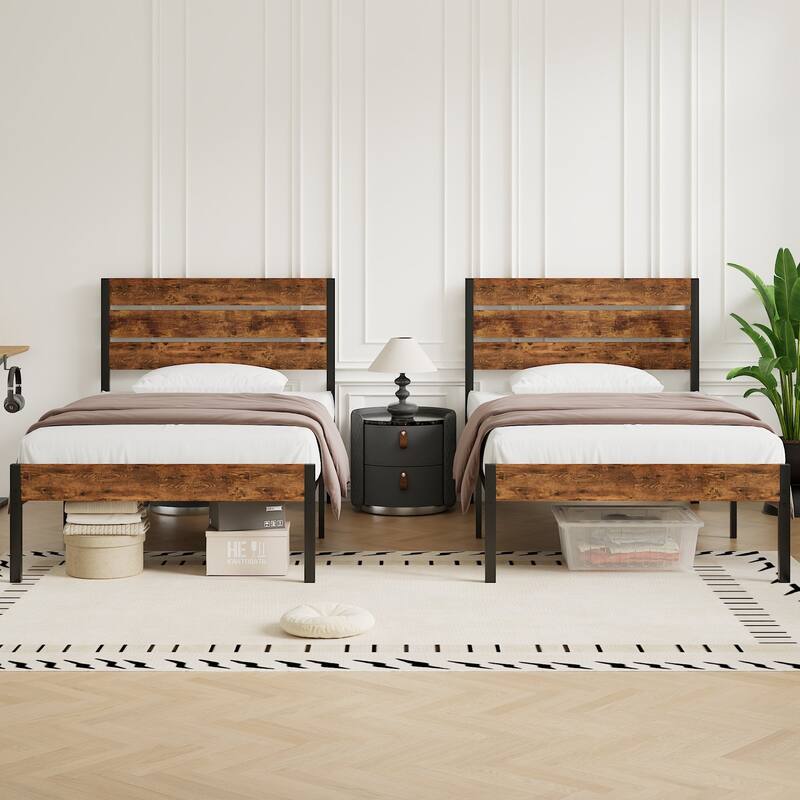 VECELO Twin Size Kids Bed Frames with Headboard and Footboard,Twin Size Bed Set of 2 - Rustic Brown