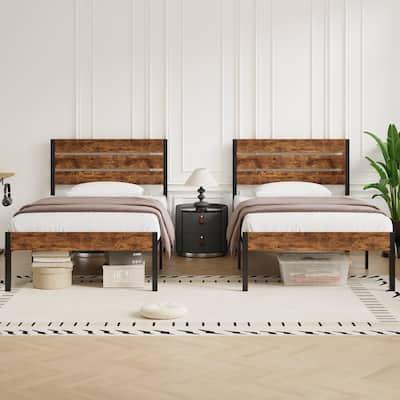 VECELO Twin Size Kids Bed Frames with Headboard and Footboard,Twin Size Bed Set of 2